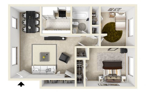 a stylized floor plan with a bedroom and a living room